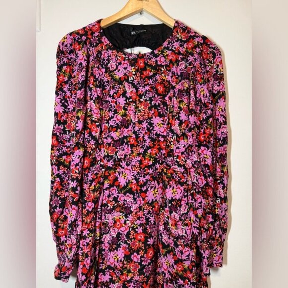 NWT Zara Floral Print Pink and Purple Long Sleeve Sundress Size M - Picture 6 of 11